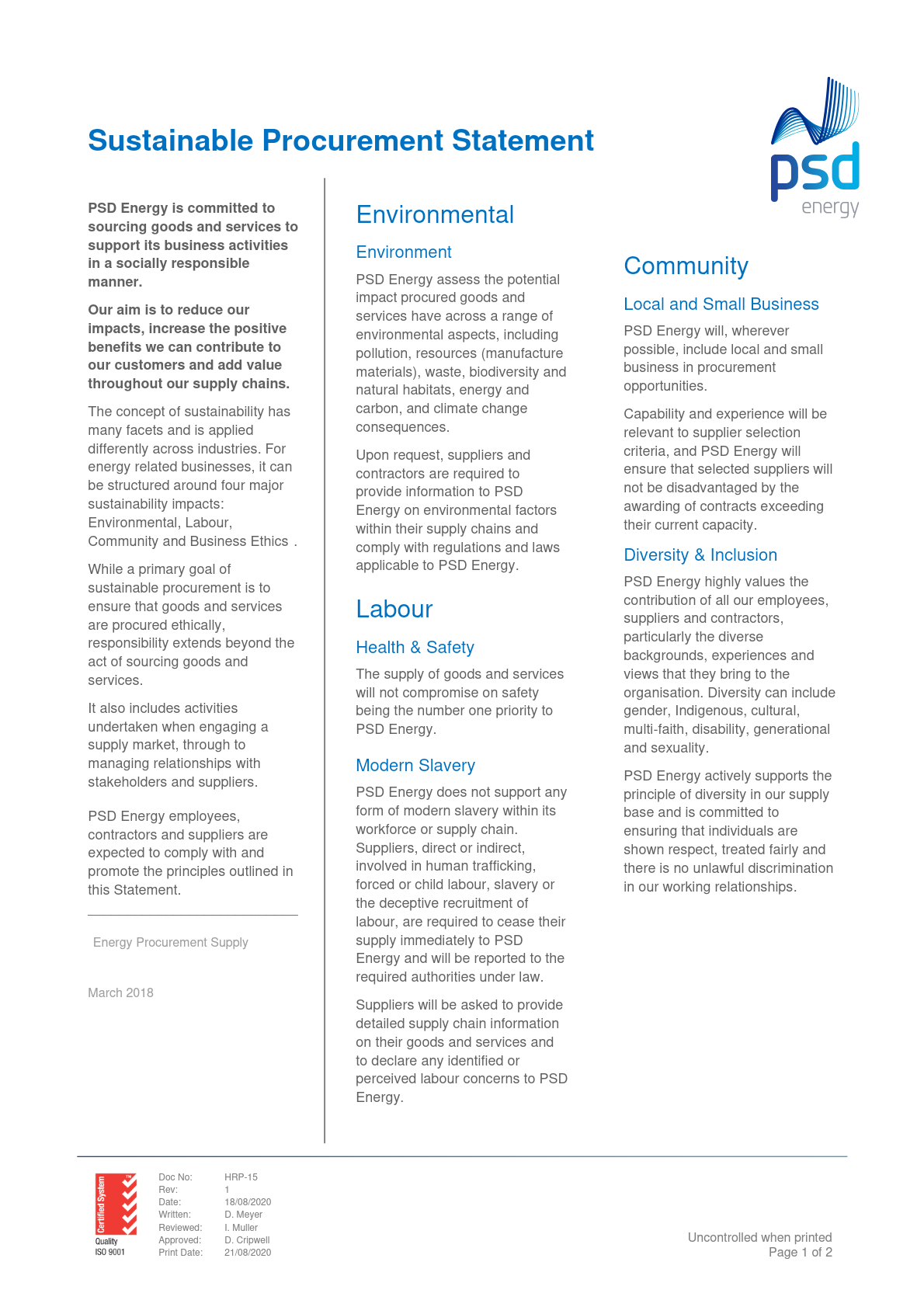 Sustainable Procurement Statement